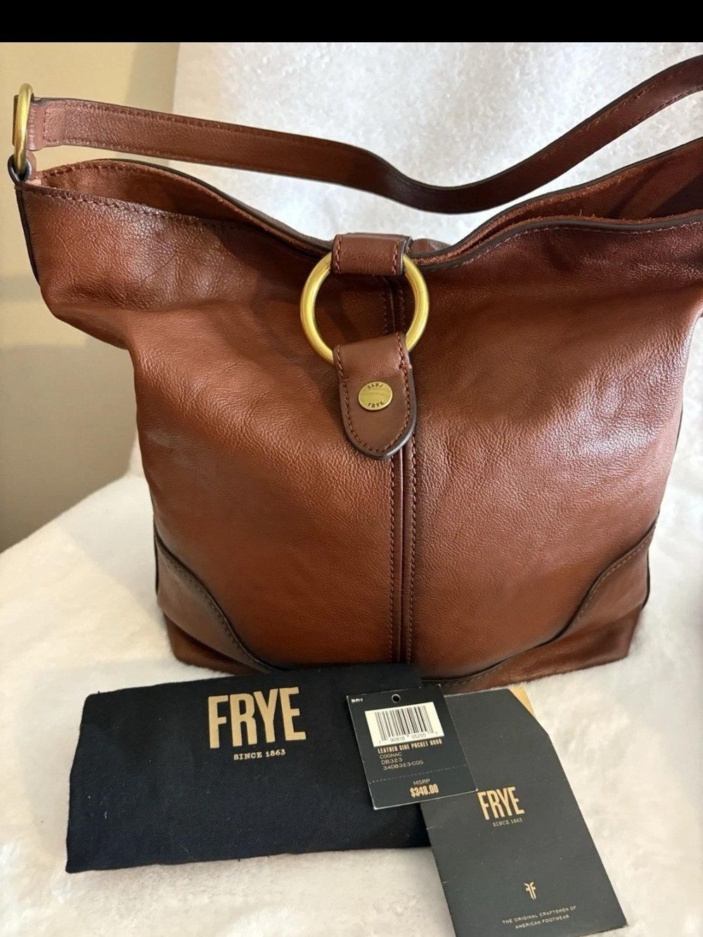 FRYE Brown Leather Shoulder Bag with Gold Ring Accent